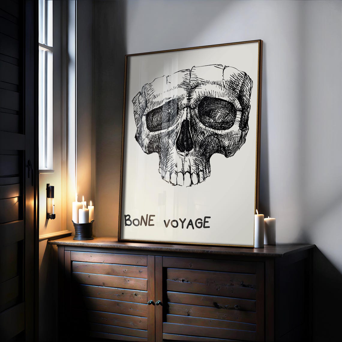 Bone Voyage Skull Sketch Funny Minimalist Halloween Art Poster - Image 2