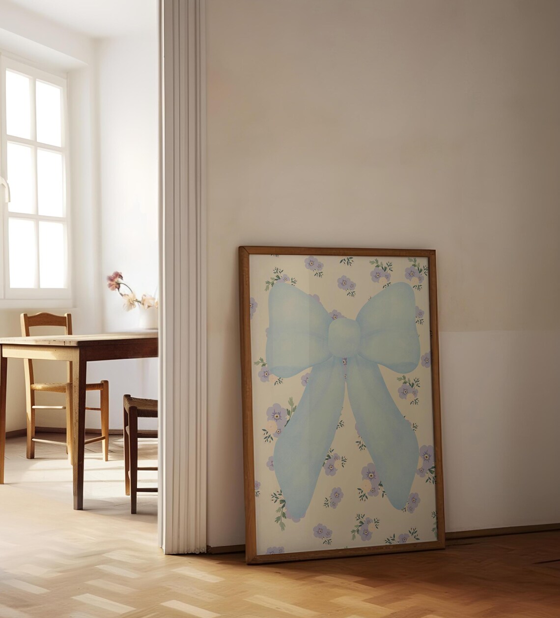 Blue Bow Coquette Wall Art Big Ribbon Floral Background Girly Print - Image 2