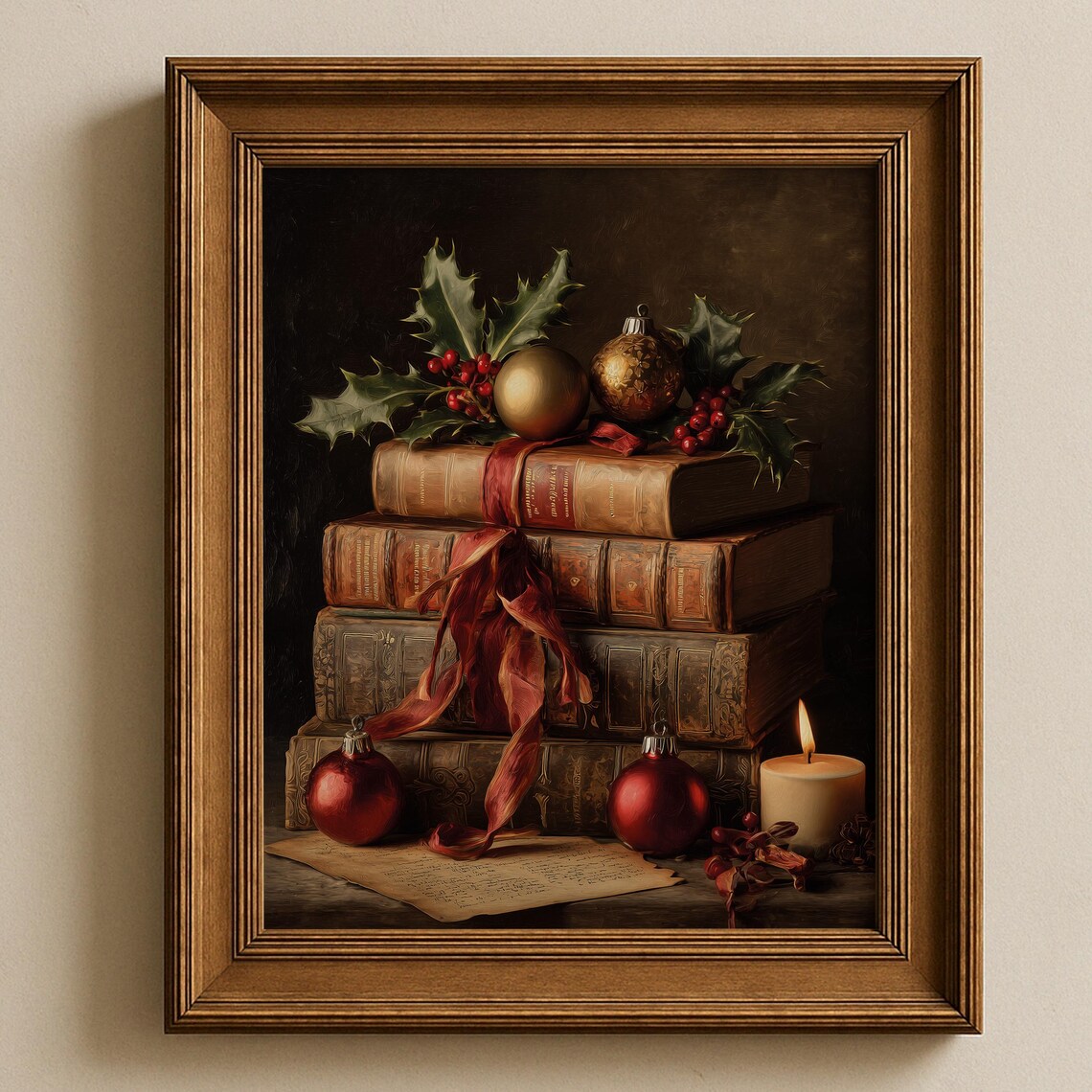 Vintage Christmas Still Life Antique Books Holly Ornaments Poster