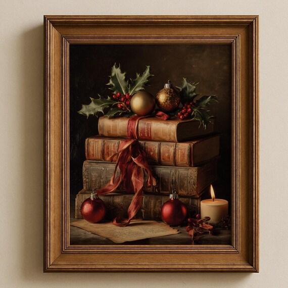 Vintage Christmas Still Life Antique Books Holly Ornaments Poster