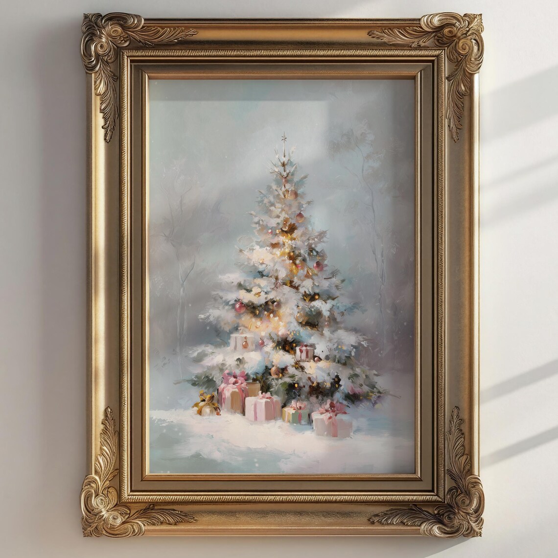 Vintage White Christmas Tree Gold Framed Elegant Holiday Wall Art