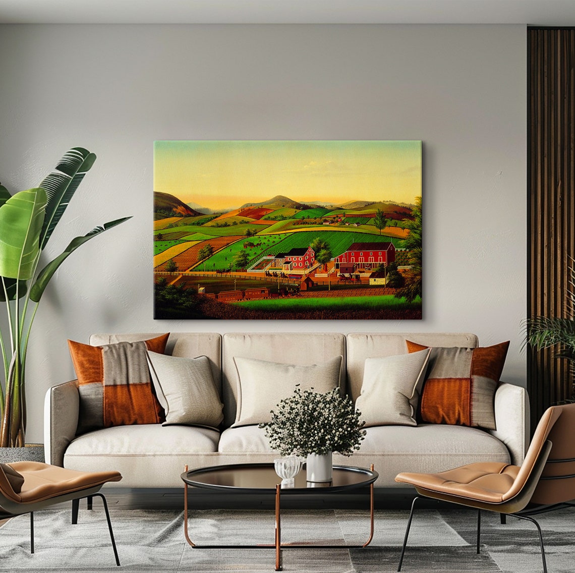 American Folk Art Farm Valley Red Barns Train Naive Landscape Poster - Image 3