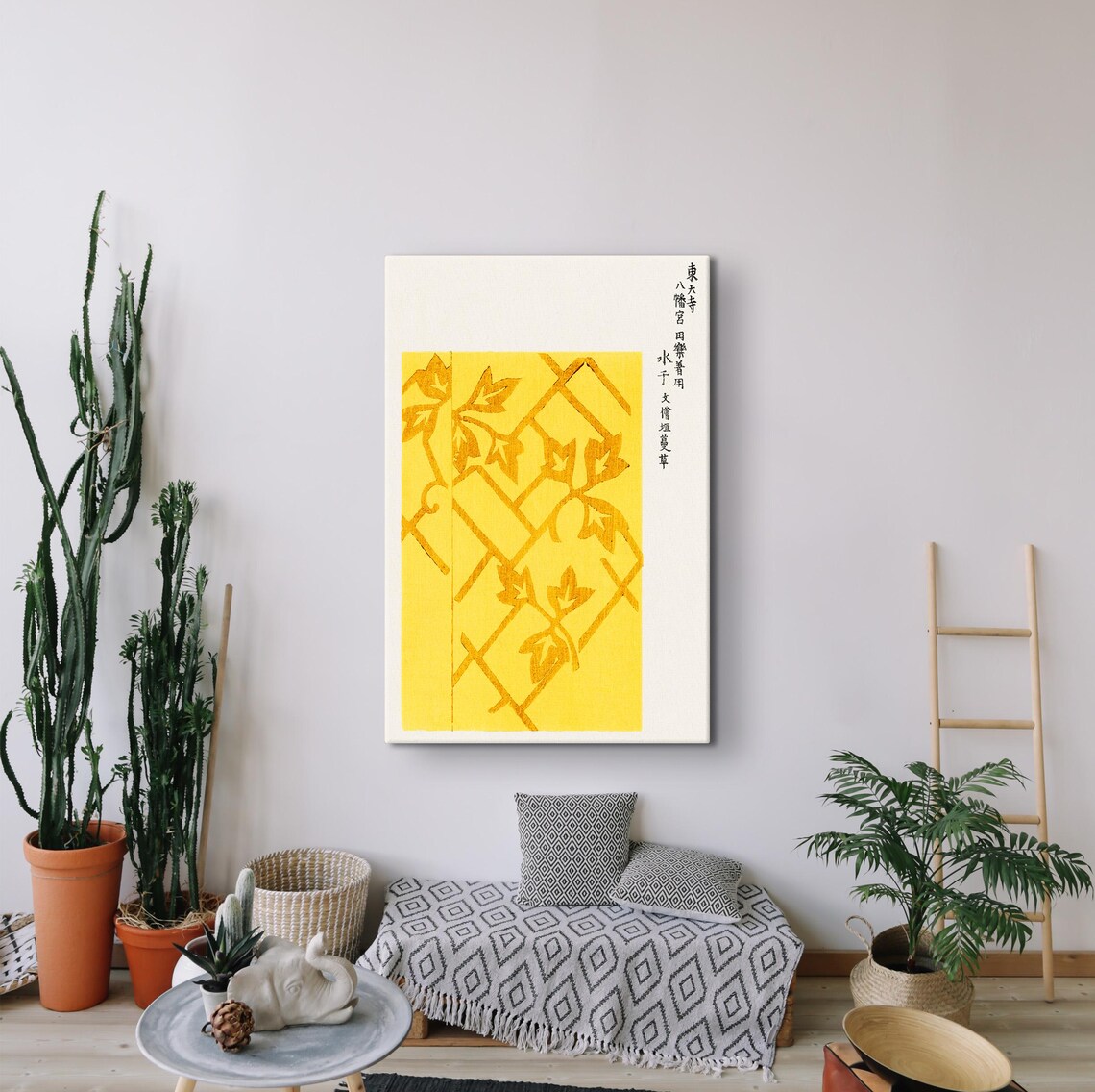 Yellow Lattice Leaf Japanese Woodblock Calligraphy Art Poster - Image 2