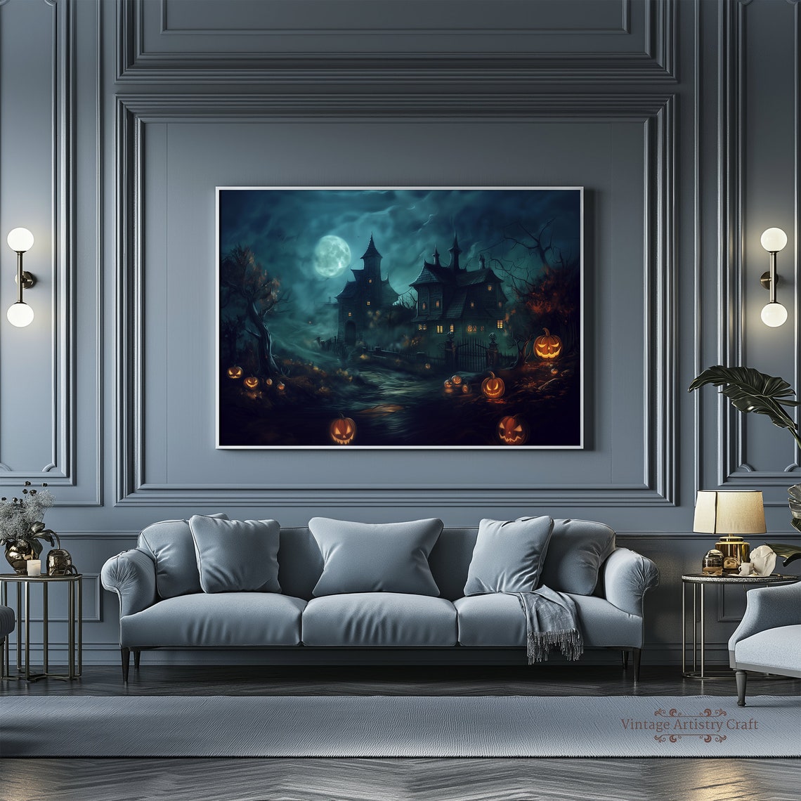 Haunted House Halloween Vintage Moonlit Spooky Pumpkins Poster - Image 5