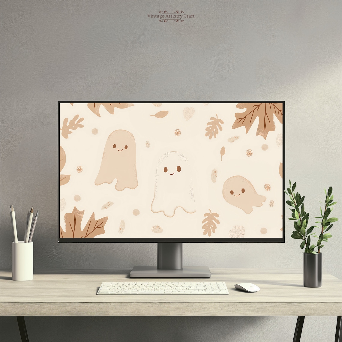 Cute Smiling Ghosts Beige Fall Leaves Desktop Wallpaper Halloween Poster - Image 4