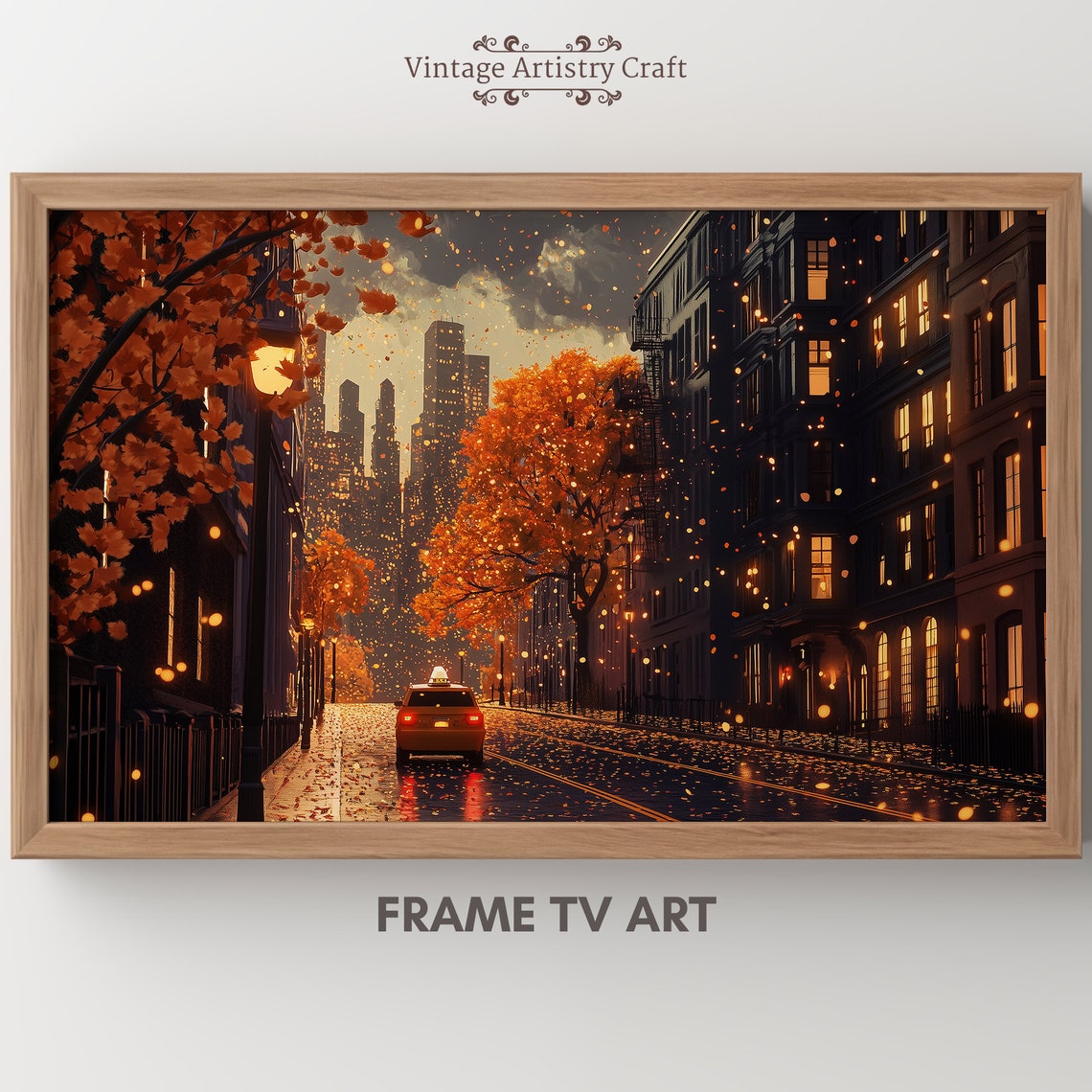 Autumn City Street Taxi Dusk Falling Leaves Night Cityscape Poster