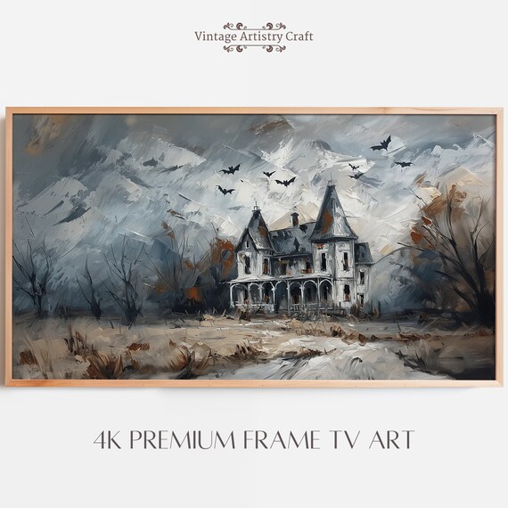 Grey Haunted House Bats Stormy Sky Vintage Halloween Painting Poster
