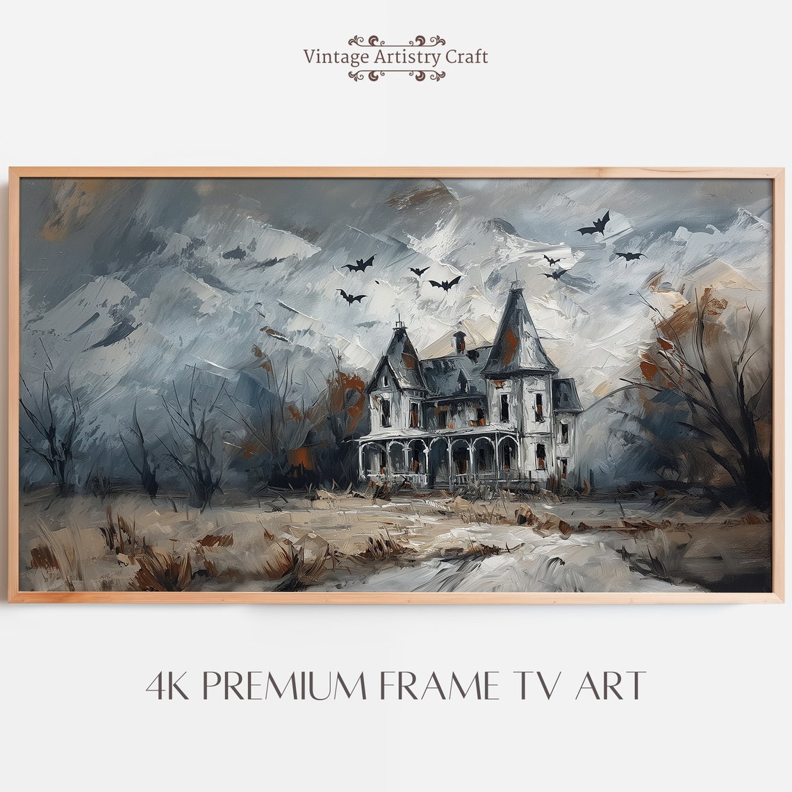 Grey Haunted House Bats Stormy Sky Vintage Halloween Painting Poster