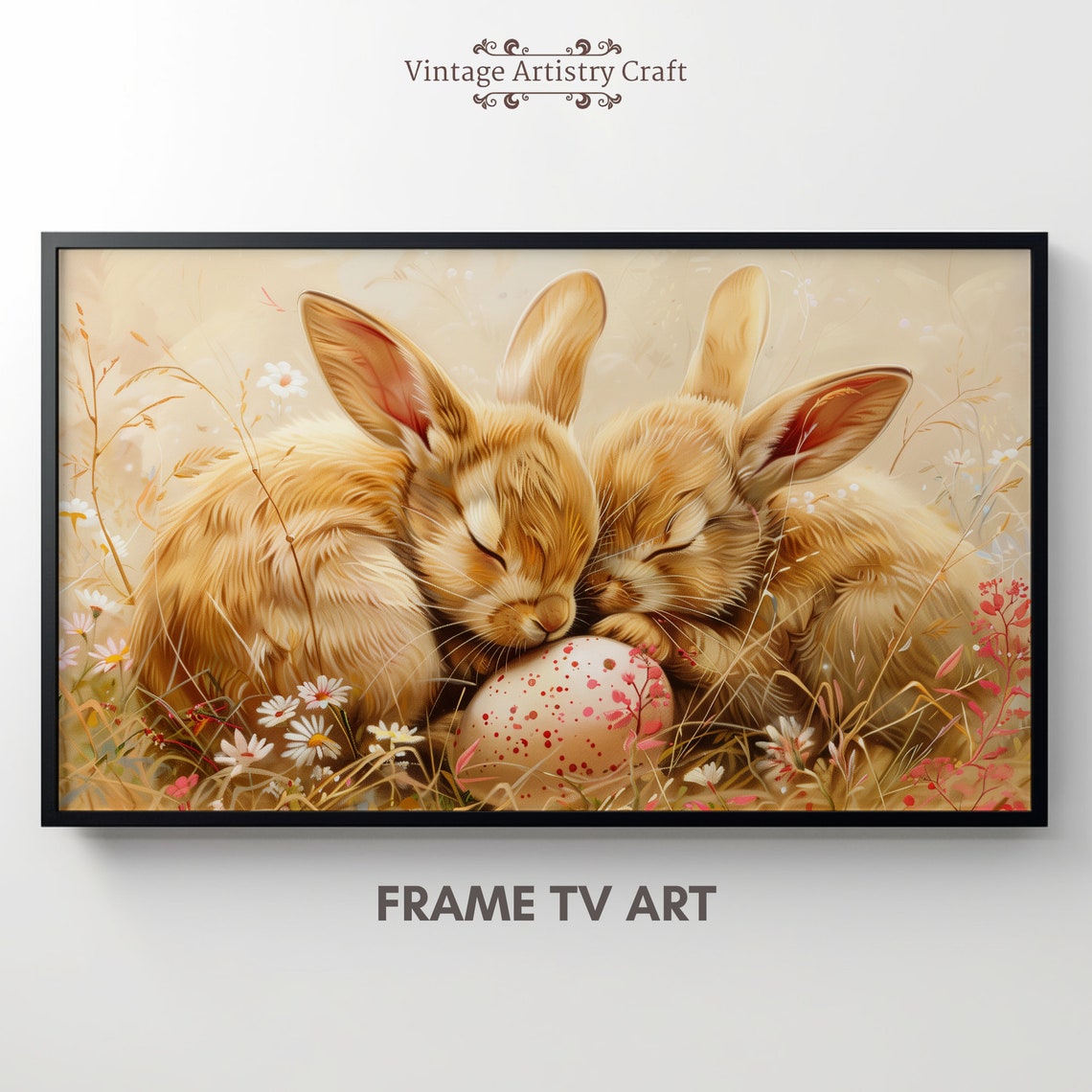Two Sleeping Bunny Rabbits With Painted Egg Soft Pastel Poster - Image 2