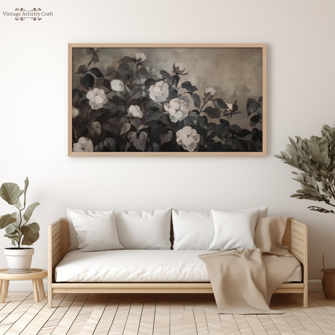 Moody White Blossoms Dark Botanical Oil Painting Elegant Floral Poster - Image 6