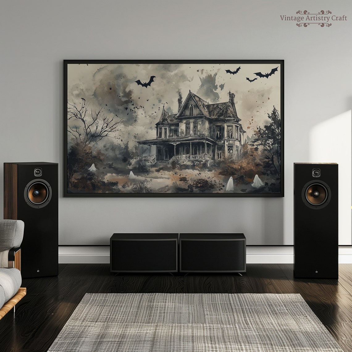 Watercolor Haunted House Ghosts Bats Spooky Manor Halloween Poster - Image 2