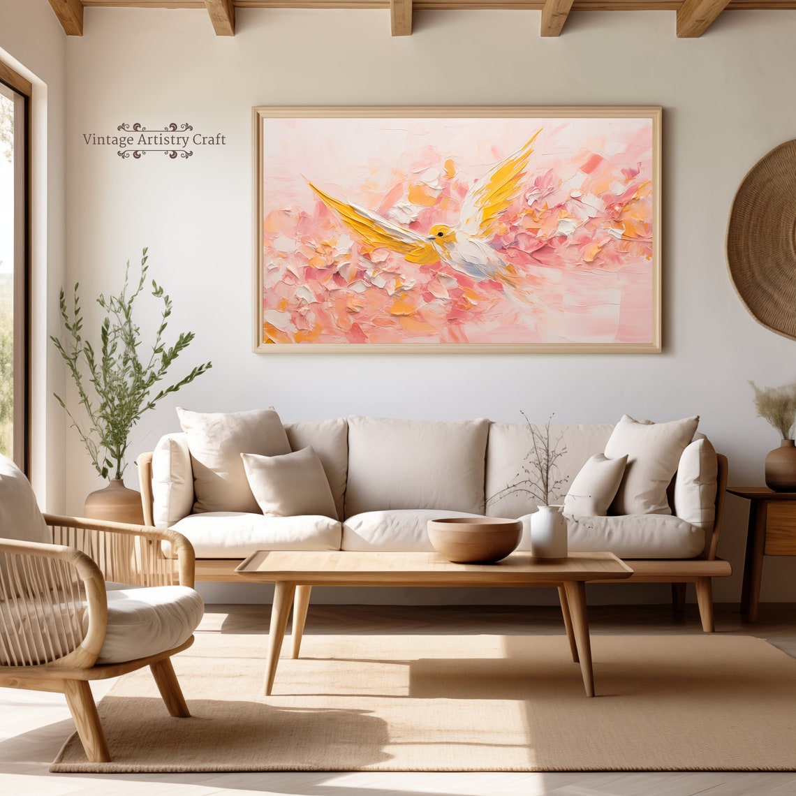 White Bird Golden Wings Pink Impasto Abstract Spring Art Poster - Image 3
