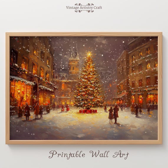 Christmas Tree Warm Street Town Winter Moody Farmhouse Wall Art Decor Vintage Oil Painting Xmas Print Snowing City Rustic Antique
