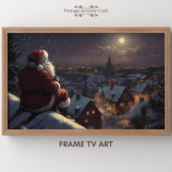 Winter Frame Tv Art Santa Claus In Snow Covered Town Moody Farmhouse Tv Decor Vintage Oil Painting 4k