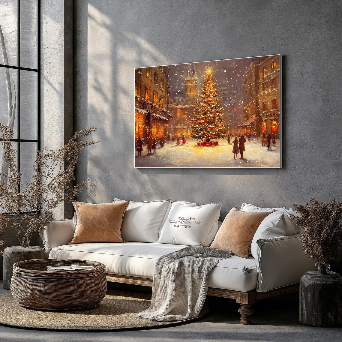 Winter Frame Tv Art Christmas Tree Warm Street Town Moody Farmhouse Tv Decor Vintage Oil Painting 4k - Image 4