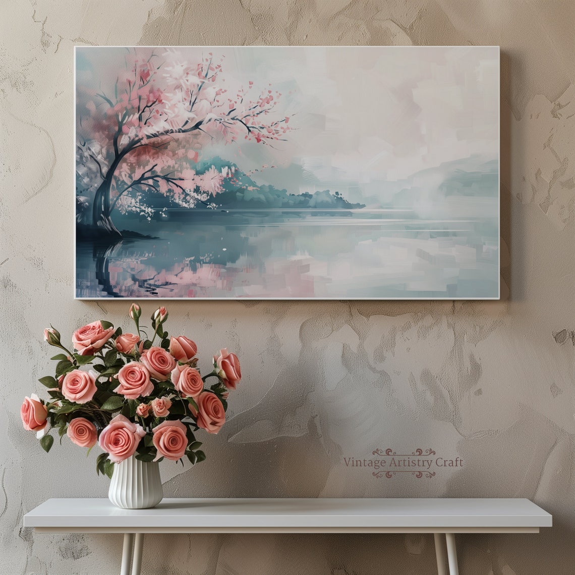 Cherry Blossom Tree Over Misty Lake Soft Pink Spring Painting Poster - Image 5