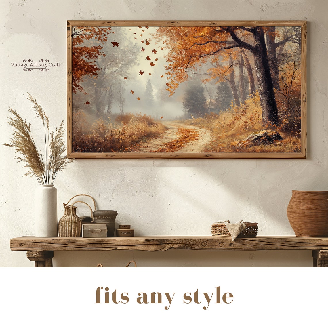 Misty Autumn Forest Path Falling Leaves Vintage Oil Painting Poster - Image 8