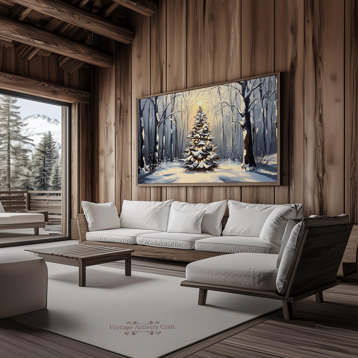 Lit Christmas Tree Snowy Forest Dusk Sparkling Holiday Painting Poster - Image 3