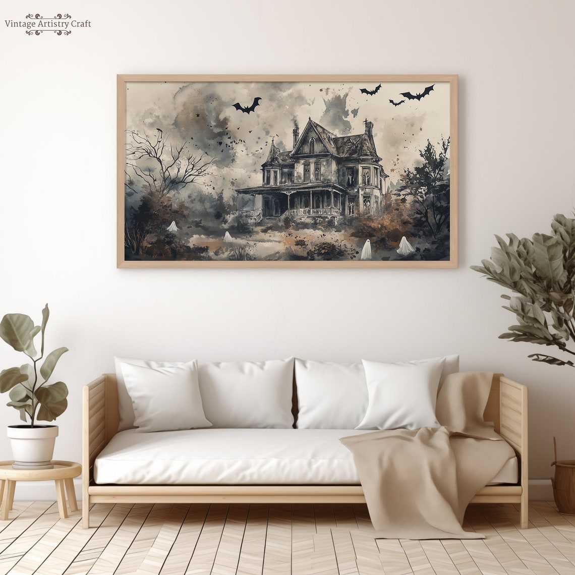 Watercolor Haunted House Ghosts Bats Spooky Manor Halloween Poster - Image 3