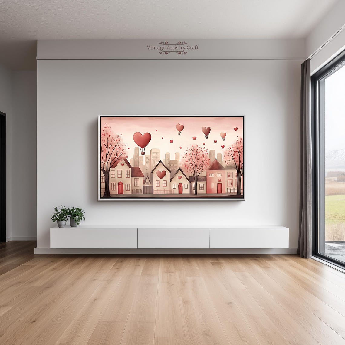 Heart Hot Air Balloons Pink Cityscape Romantic Valentines Poster - Image 3