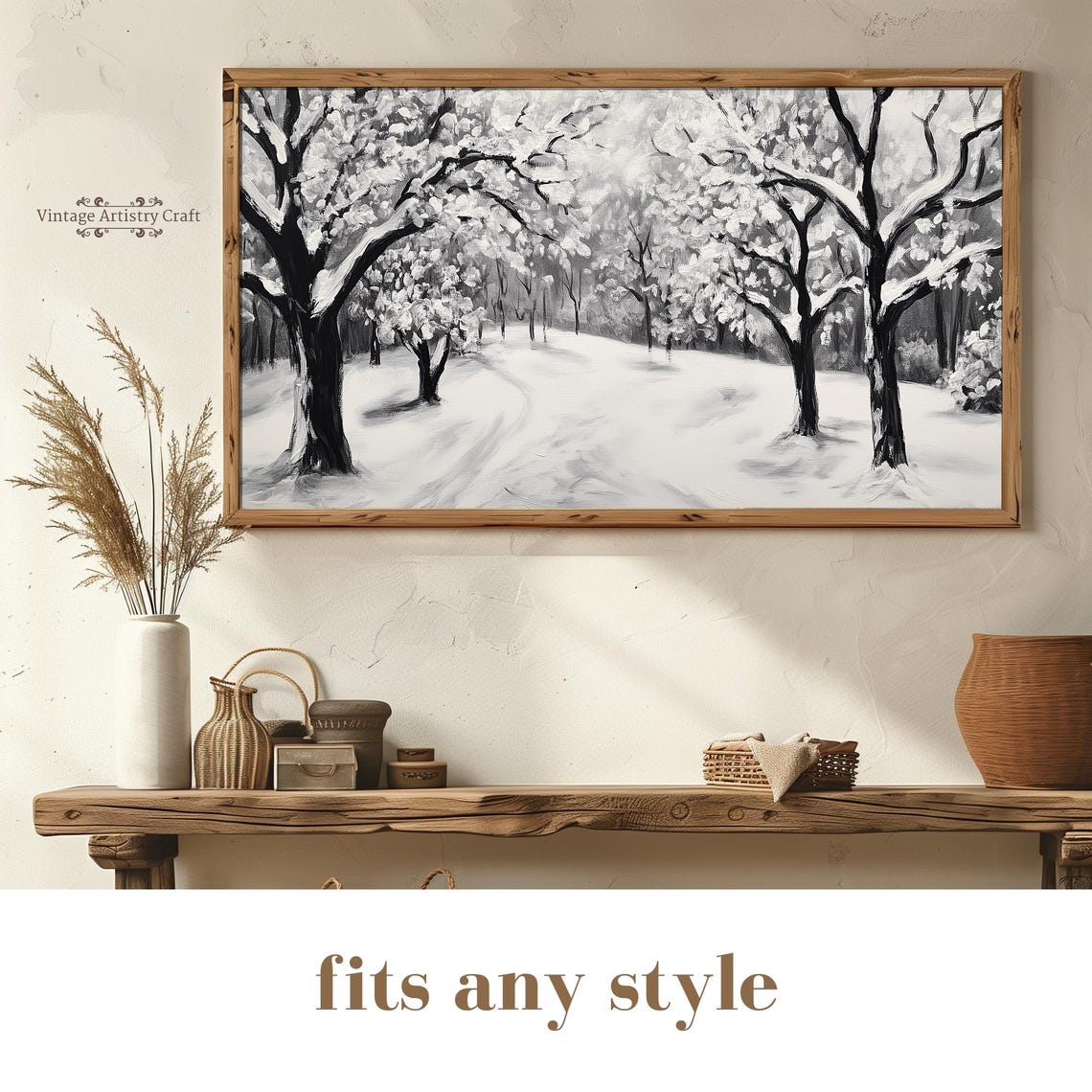 Black White Snowy Forest Trees Path Winter Monochrome Wall Art - Image 8