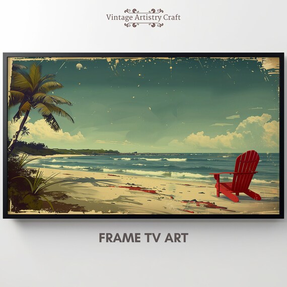Vintage Beach Palms Red Beach Chair Retro Ocean Scene Poster