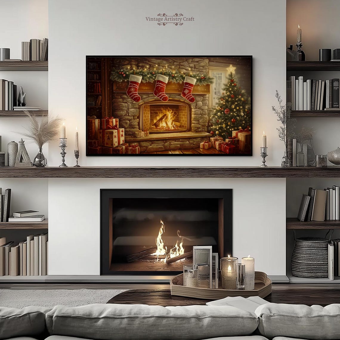 Cozy Christmas Fireplace Stockings Gifts Tree Warm Glow Poster - Image 5