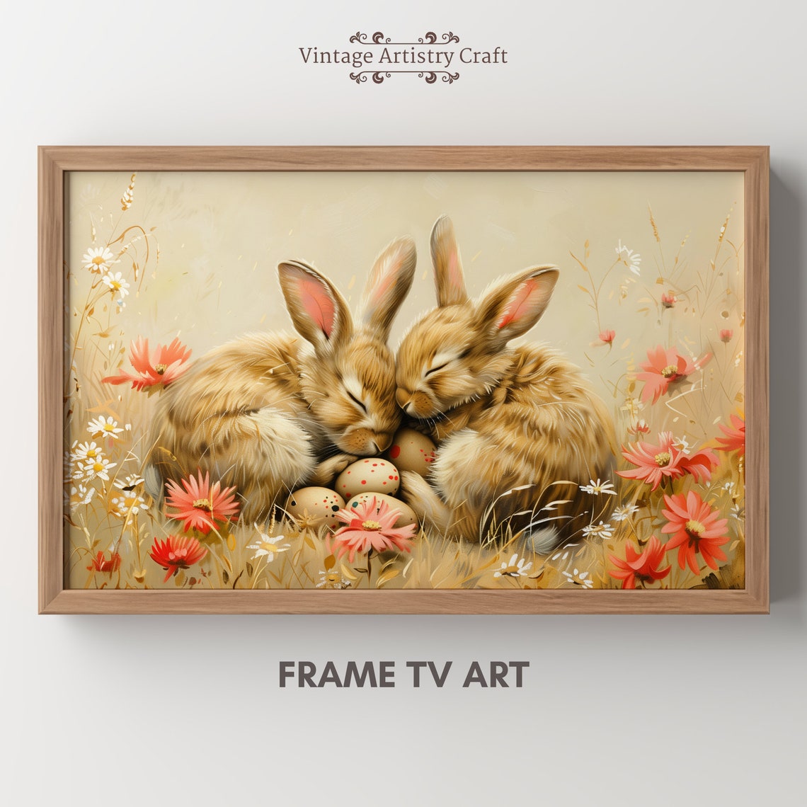 Sleeping Bunny Rabbits Easter Meadow Wildflower Oil Painting Poster - Image 7