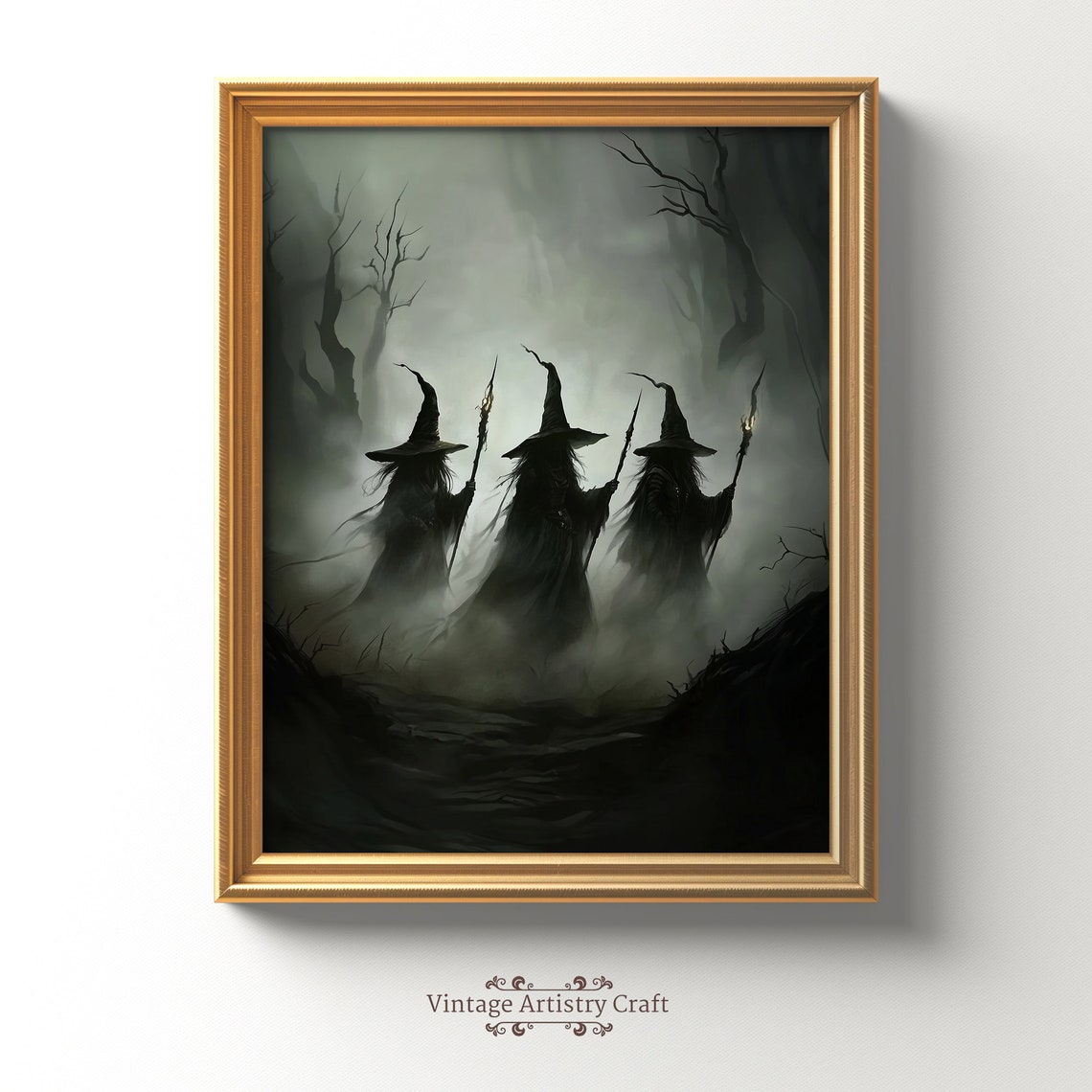 Three Witches From Behind Dark Foggy Woods Torches Eerie Poster