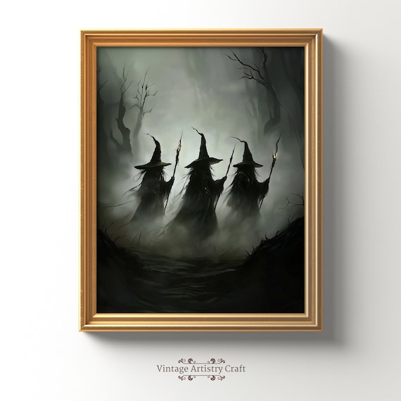 Three Witches From Behind Dark Foggy Woods Torches Eerie Poster