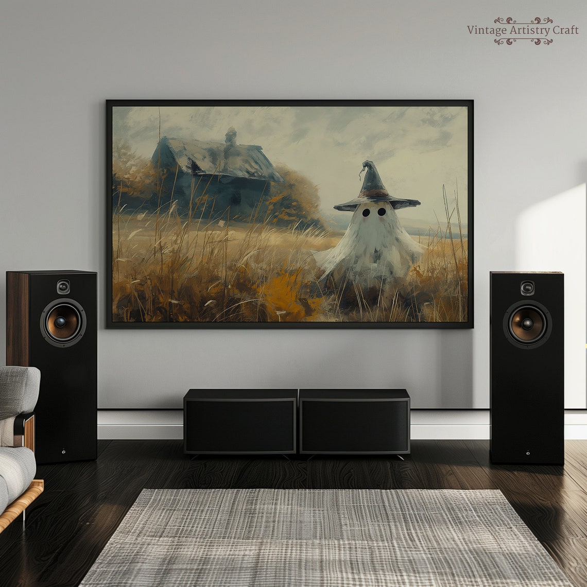 Cute Little Ghost Wearing Witch Hat Golden Fall Field Halloween Poster - Image 4