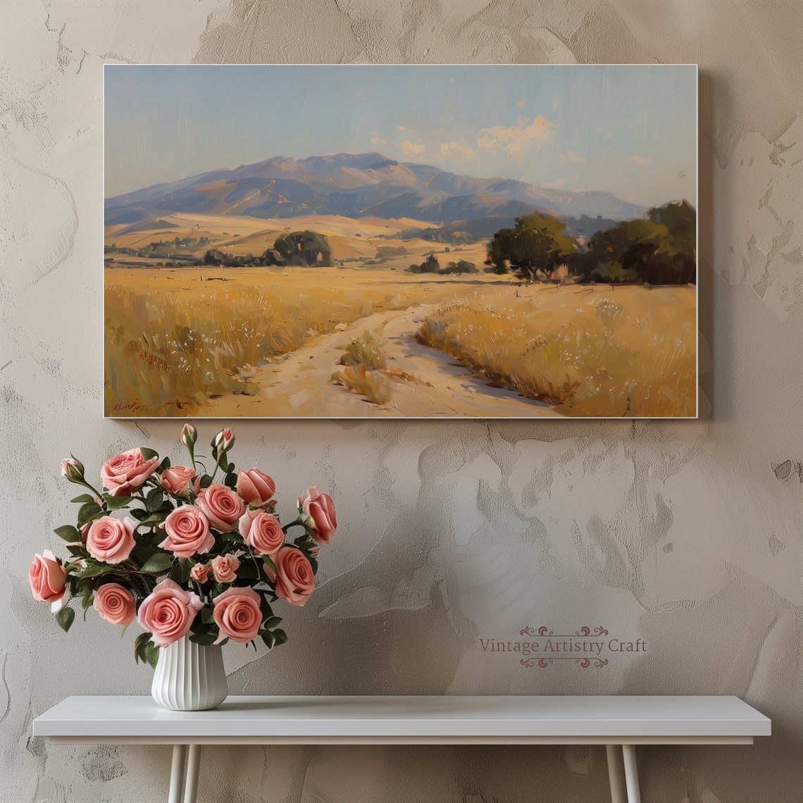 Golden Wheat Field Mountain Path Warm Countryside Landscape Poster - Image 2