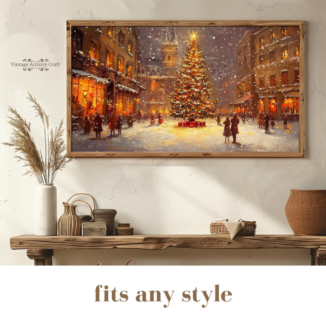 Winter Frame Tv Art Christmas Tree Warm Street Town Moody Farmhouse Tv Decor Vintage Oil Painting 4k - Image 6