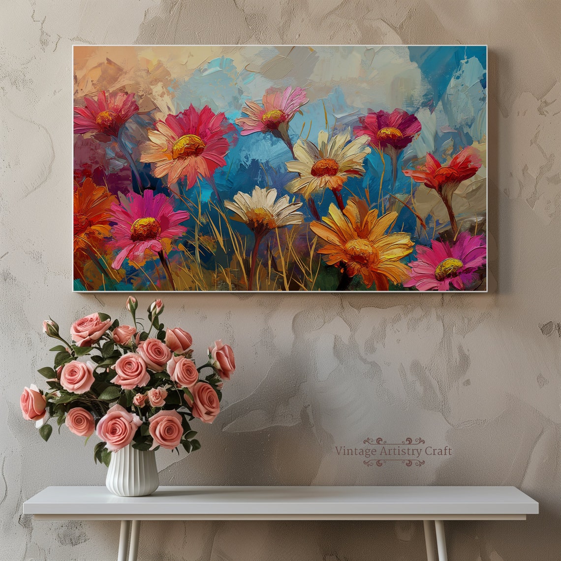 Colorful Daisy Meadow Bold Impasto Flower Oil Painting Poster - Image 3