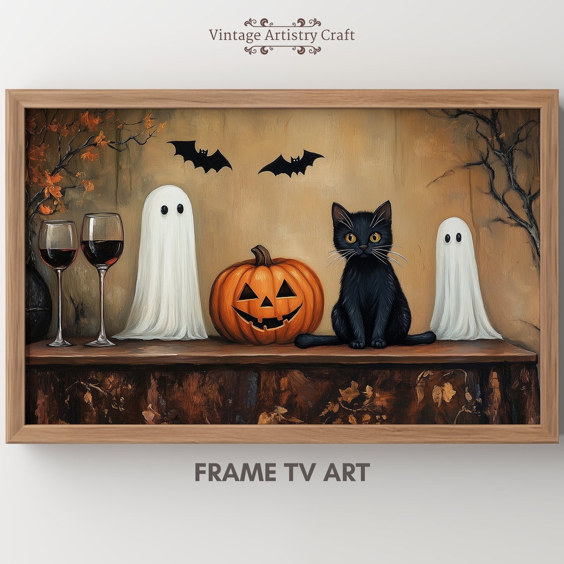 Ghost Pumpkin Black Cat Wine Halloween Vintage Still Life Poster