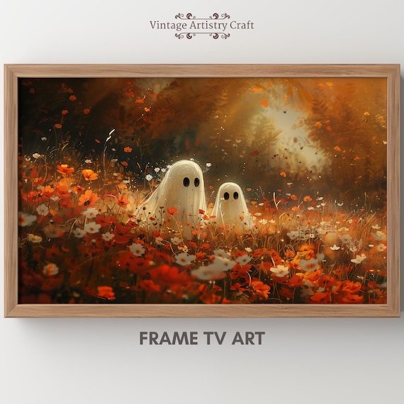 Cute Ghosts Autumn Wildflower Field Cozy Whimsical Halloween Poster