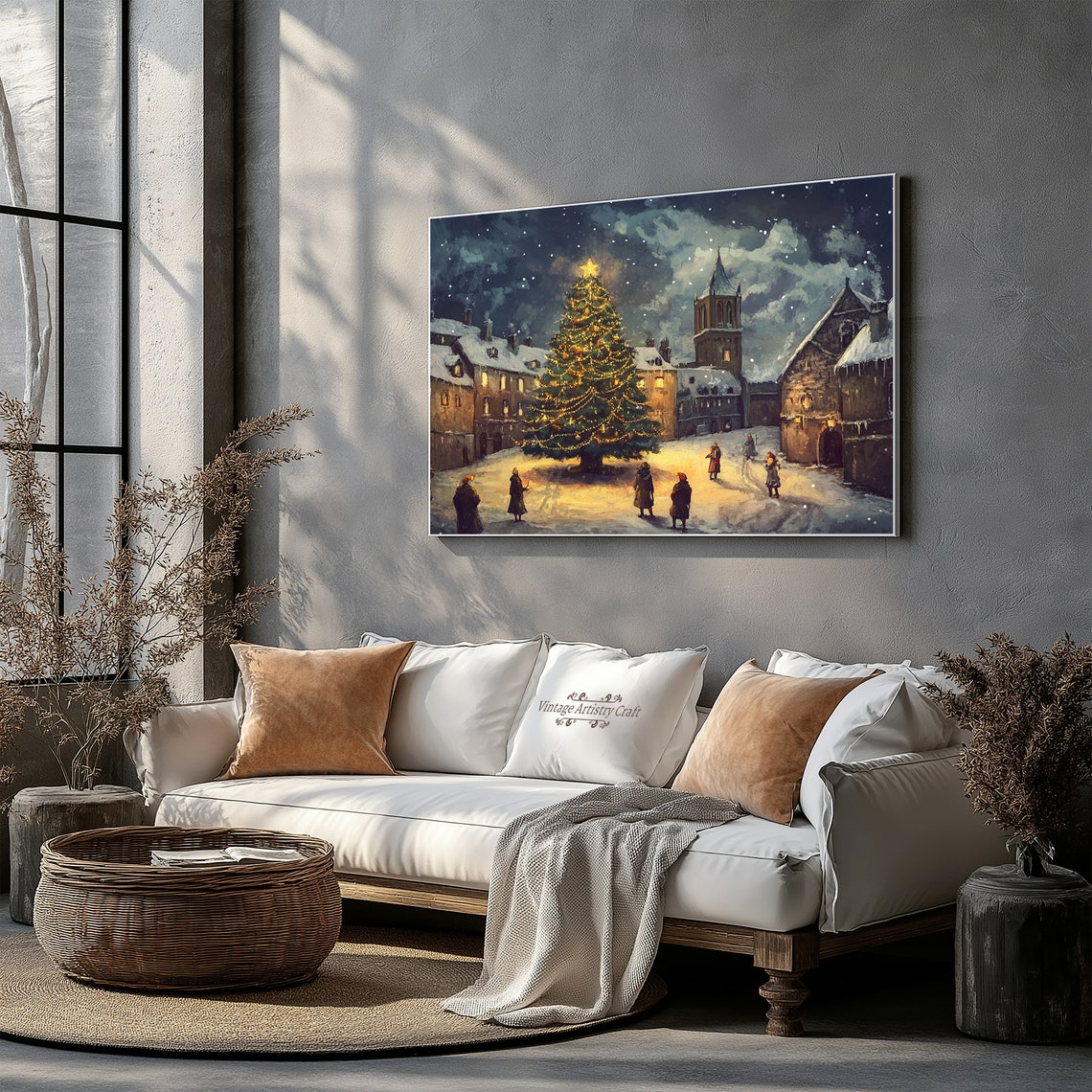 Christmas Tree Star Town Square Snowy Winter Village Night Poster - Image 3