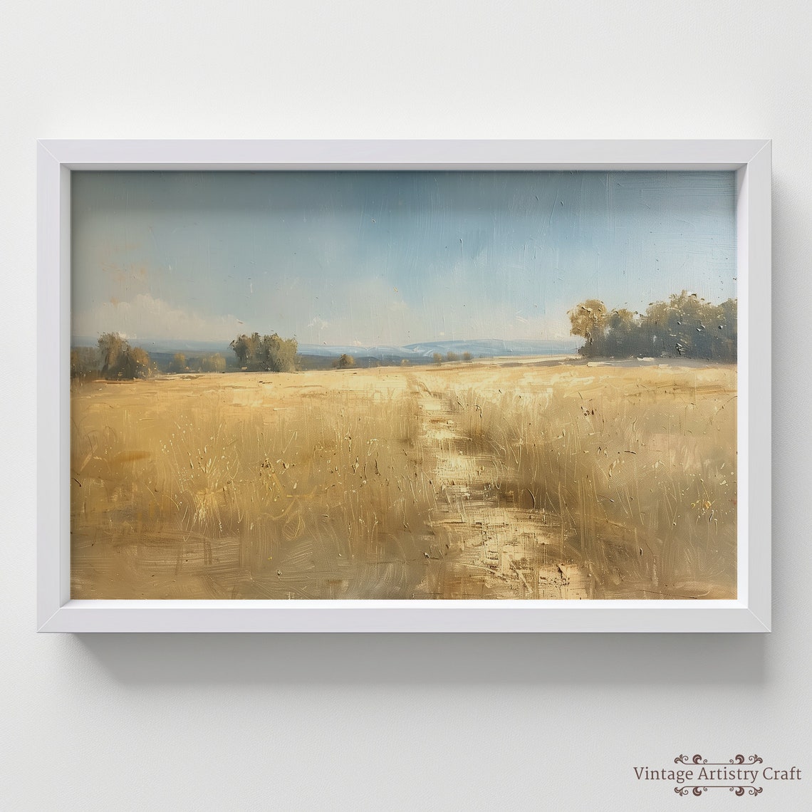 Golden Grass Field Under Blue Sky Minimalist Landscape Poster - Image 7