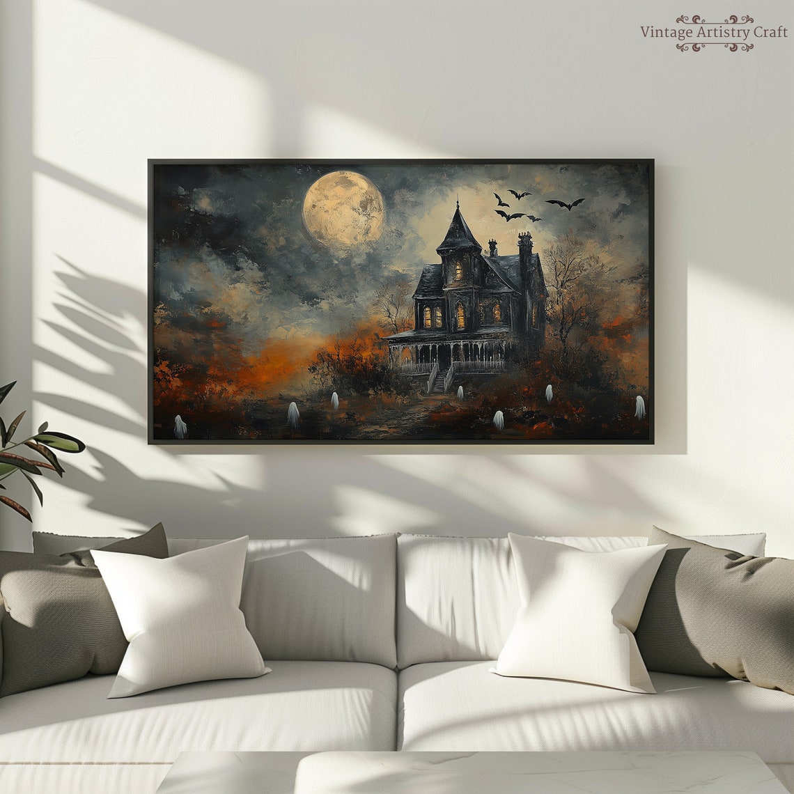 Haunted House Under Full Moon Ghosts And Bats Halloween Poster - Image 3