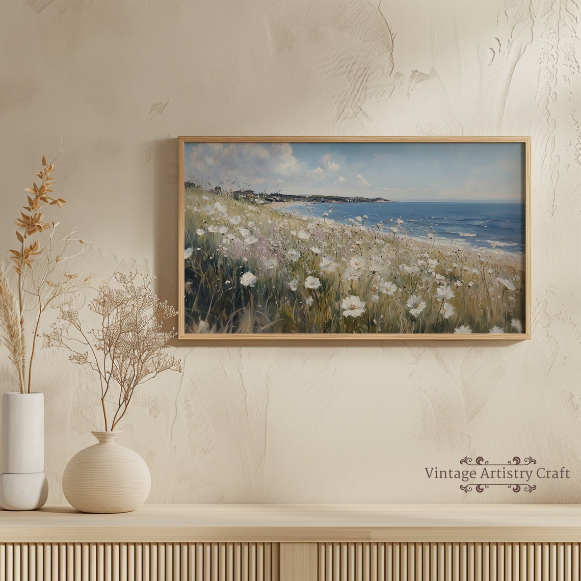 White Daisy Meadow By The Sea Summer Coastal Landscape Poster - Image 6