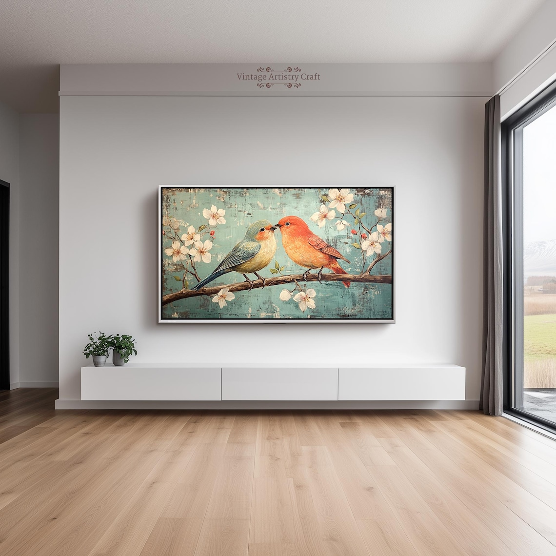 Love Birds Blossom Branch Vintage Teal Spring Romance Painting Poster - Image 3