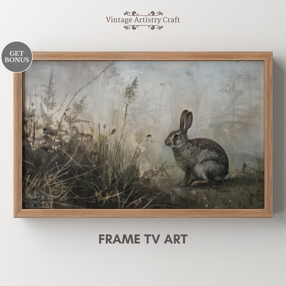 Vintage Cottontail Rabbit in Misty Field Wildlife Oil Painting Poster