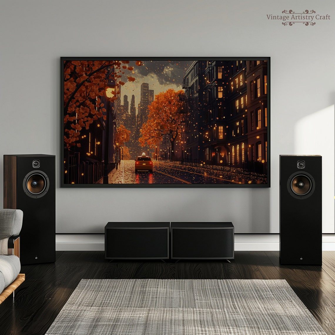 Autumn City Street Taxi Dusk Falling Leaves Night Cityscape Poster - Image 4