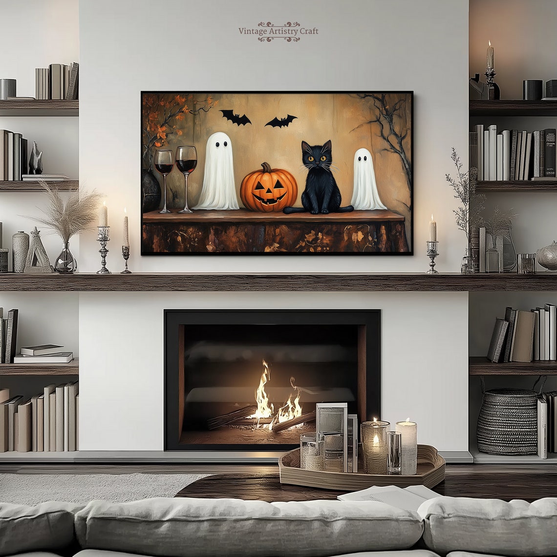 Ghost Pumpkin Black Cat Wine Halloween Vintage Still Life Poster - Image 3