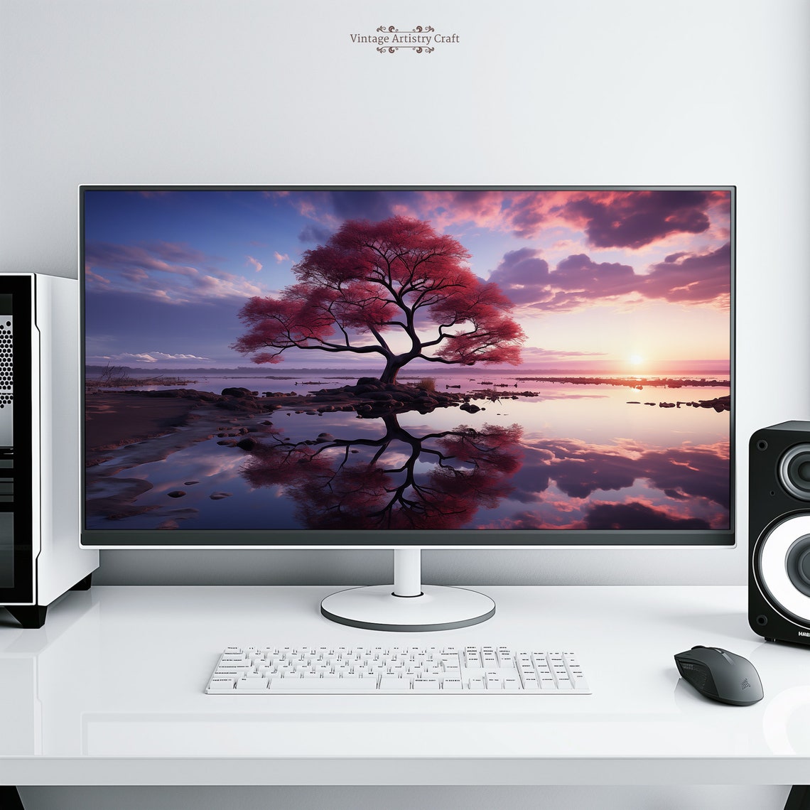 Pink Blossom Tree Sunset Lake Reflection Desktop Wallpaper Poster - Image 3