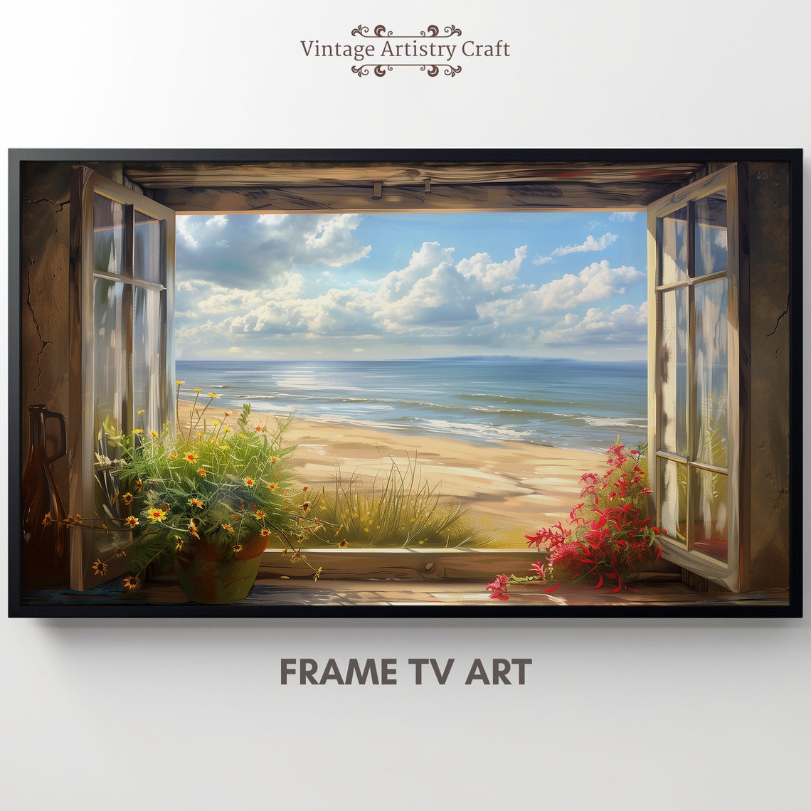 Open Window To Sunny Beach Flower Pots Bright Coastal Poster