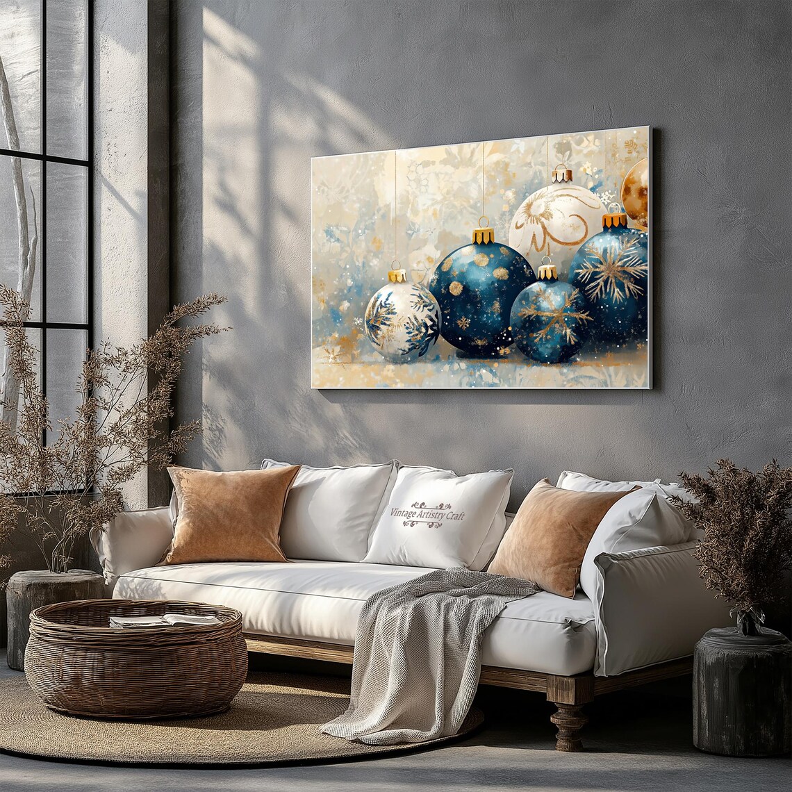 Blue Gold Christmas Ornaments Holiday Baubles Watercolor Poster - Image 4