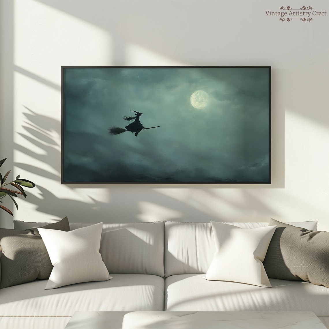 Witch Flying Broomstick Full Moon Night Sky Spooky Halloween Poster - Image 2