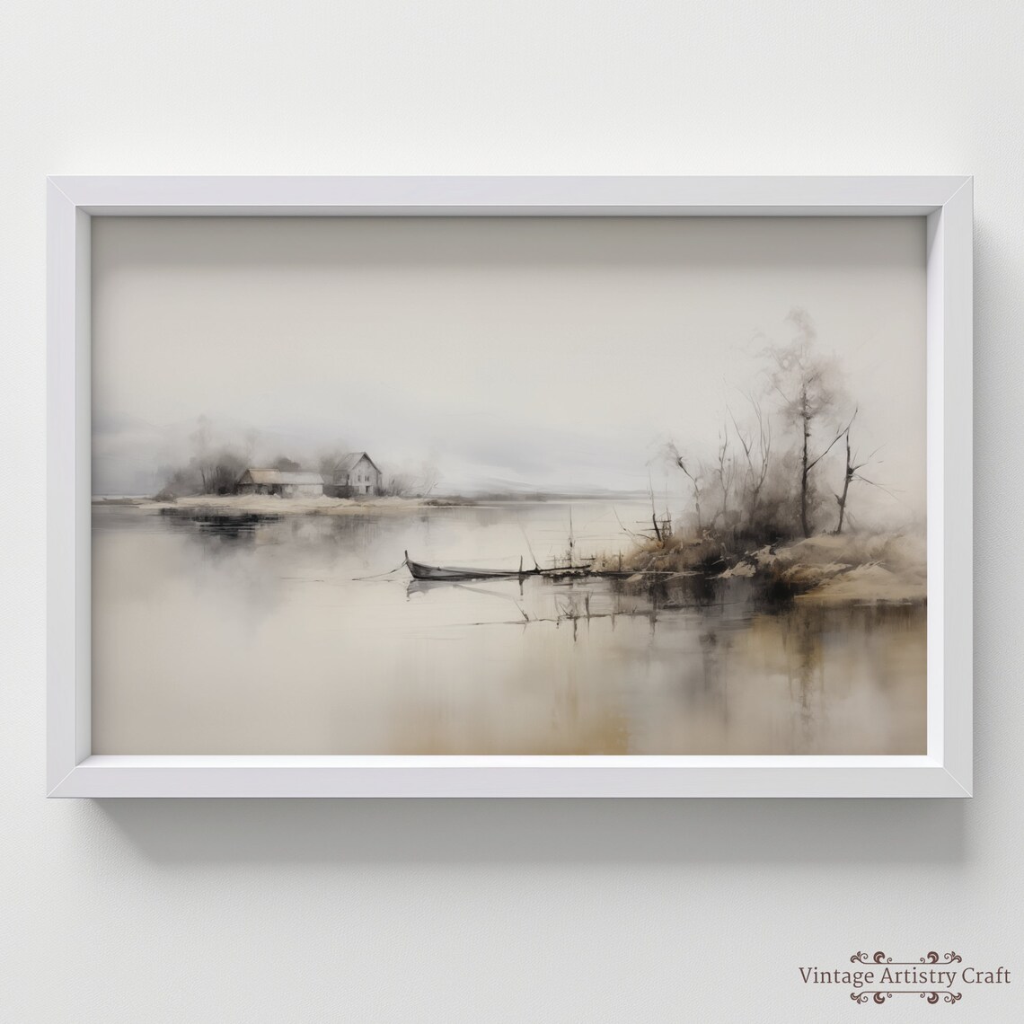 Muted Tonal Misty Lake Cabin Boat Neutral Watercolor Painting Poster - Image 7