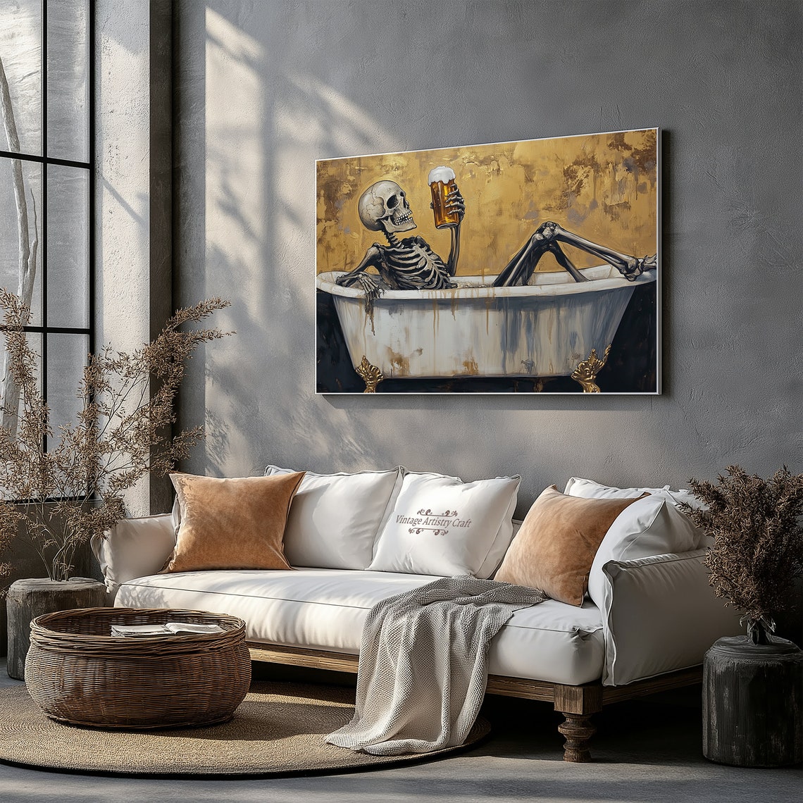 Funny Skeleton Bathtub Beer Gold Gothic Halloween Painting Poster - Image 4